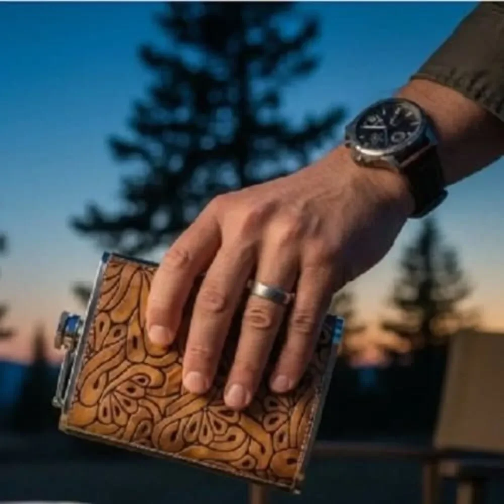 8oz Hip Flask Embossed Brown Paisley Faux Leather Stainless Steel Pocket Gift